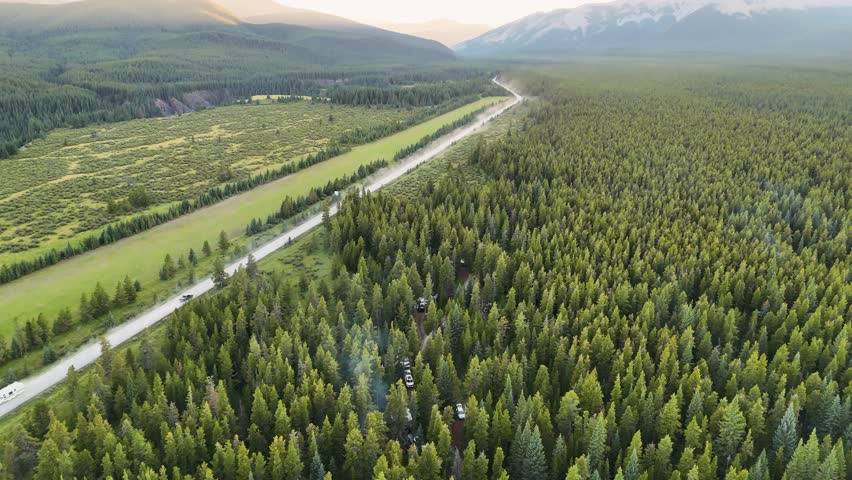 Ram Falls Provincial Park. Top cinematic aerial view. Alberta, Canada. Canadian wild nature and landscape from above. Canadian famous park. 4K drone footage