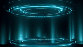 Futuristic holographic interface with glowing neon blue light rings and digital elements on dark abstract background - Powered by Shutterstock - Get 15% off with code: PIKWIZARD15
