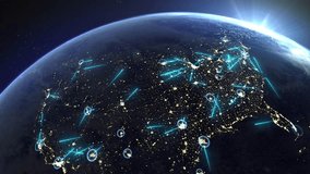 View from space of nighttime America with communication lines. Global social connections of the worldwide network over the planet. Digital communication network of earth space, 5G 6G signals, 4k. - Powered by Shutterstock - Get 15% off with code: PIKWIZARD15