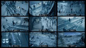 Display interface of multi-camera surveillance system. Security service controls territory of the shopping center and the street using a computer with screens that display images from CCTV cameras. - Powered by Shutterstock - Get 15% off with code: PIKWIZARD15