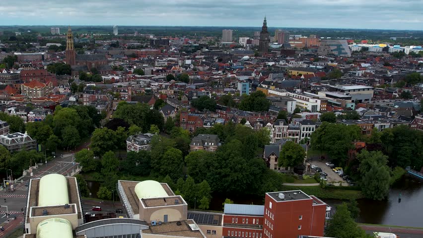 An aerial panorama view around the old town of the city Groningen on a sunny summer day in the Netherlands