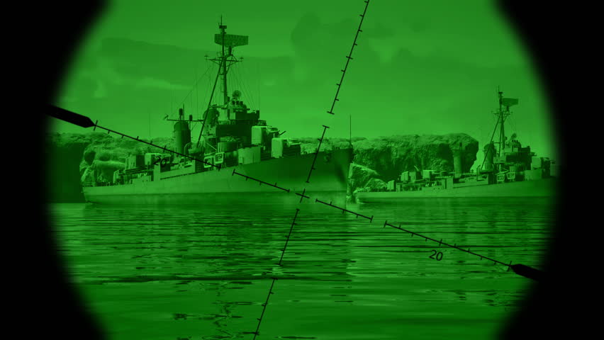 An onboard view of an unmanned autonomous kamikaze sea drone attacking the hull of a military ship at night.