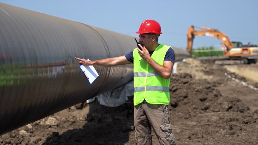 Construction Supervisor Overseeing the Construction Works of Natural Gas Pipeline - Zoom Out Shot. Worker in Protective Workwear Using Radio Communication Device at Pipeline Construction Site.