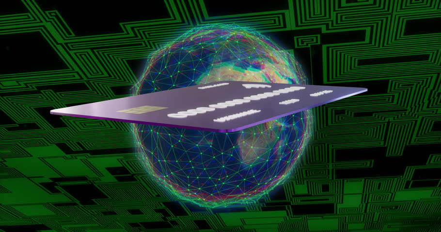 Animation of digital data processing over credit card and globe. Global finance, connections, computing and data processing concept digitally generated video.