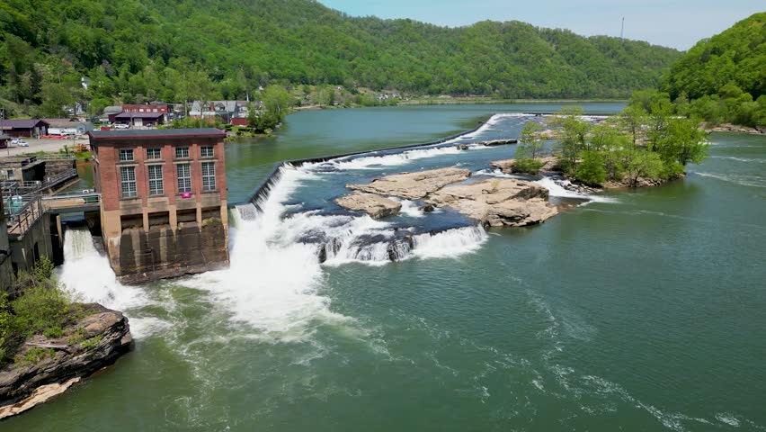 Aerial view of Kanawha Falls, West Virginia along waterfalls
