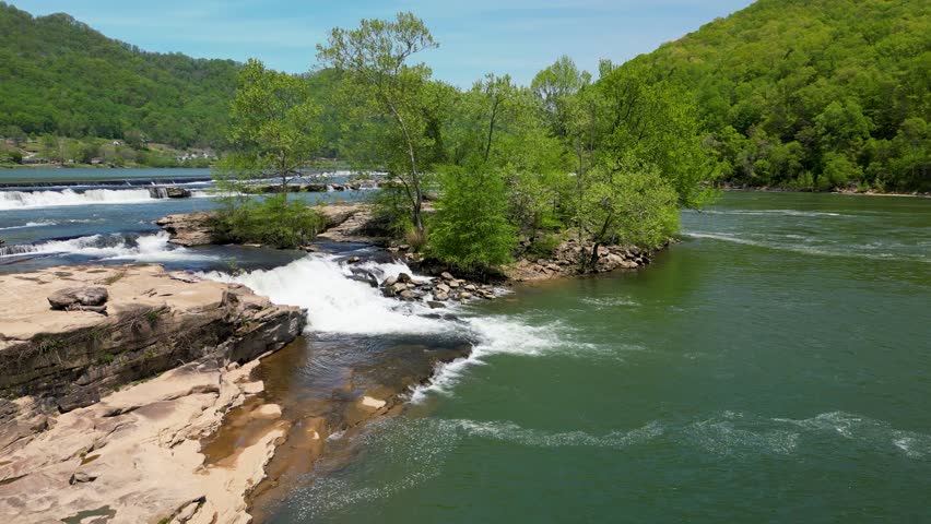 Aerial orbit around waterfalls at Kanawha Falls, West Virginia