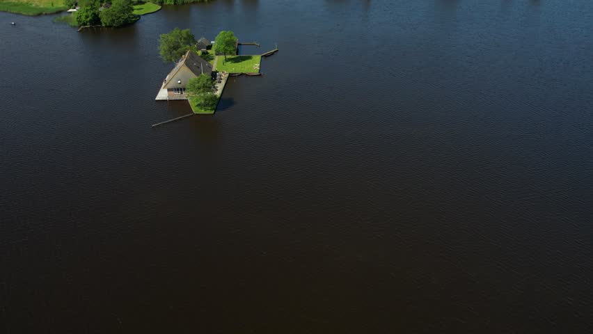 Drone Shot of Authentic Landscape of Giethoorn Village, Netherlands, Lake Island and Homes Between Canals