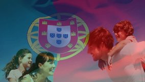 Animation of flag of portugal over caucasian parents carrying children at beach. Lifestyle, flags and patriotism concept digitally generated video. - Powered by Shutterstock - Get 15% off with code: PIKWIZARD15