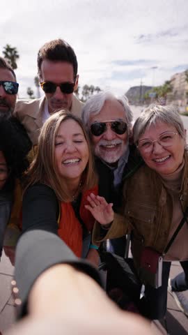 Vertical. Group of diverse excited adult tourist friends making video call together on city travel vacation outdoor. Mature tourism happy people looking waving to camera enjoy winter sunny holidays