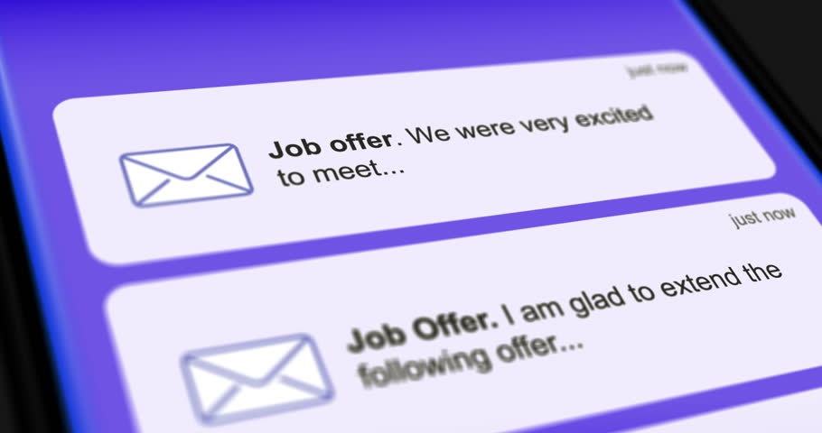 List of job offer emails, scrolling incoming hiring letters on smartphone screen, close-up job placement notifications, footage