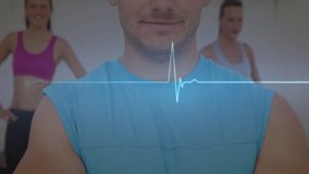 Animation of cardiograph over caucasian sports people smiling at gym. Technology, sport and digital interface concept digitally generated video. - Powered by Shutterstock - Get 15% off with code: PIKWIZARD15