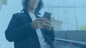 Animation of data processing over biracail man using smartphone. Global technology, connections, computing and data processing concept digitally generated video. - Powered by Shutterstock - Get 15% off with code: PIKWIZARD15