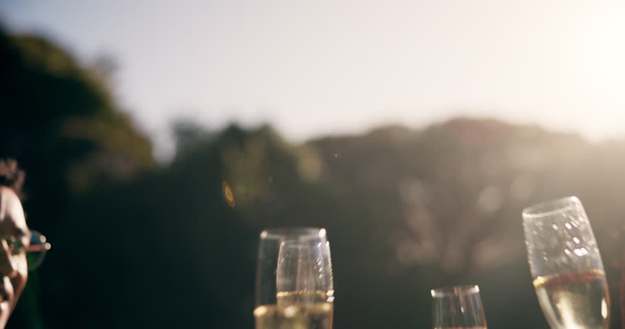 Happy, friends and hands toast with champagne, having fun and bonding at sunset. Party, group and people cheers with wine glass, alcohol and drink for celebration relax on holiday or summer vacation