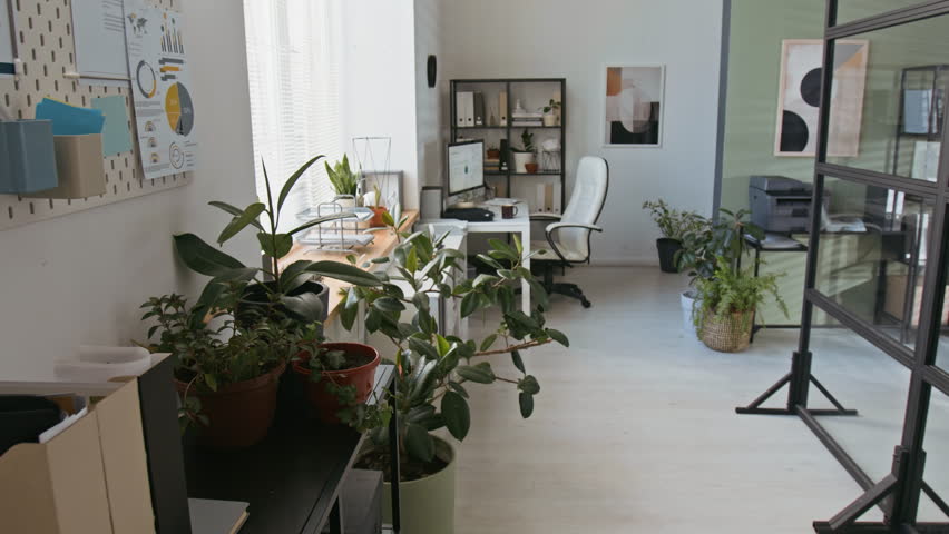 No people push in shot of workplace with computer monitor in charts on screen and white leather rolling chair by desk in modern business office decorated with paintings and plants