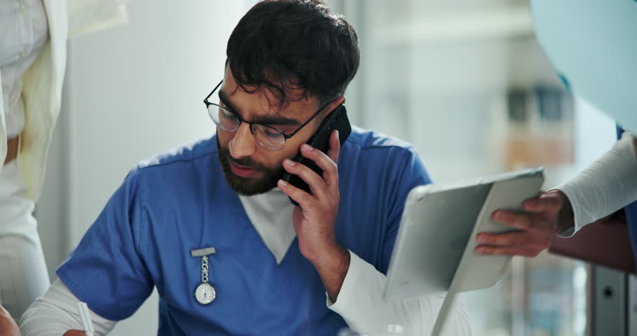 Multitask, busy and doctor with paperwork in office for administration anxiety, stress or crisis. Time management, phone call and male chief of surgery with medical documents with clinic chaos.