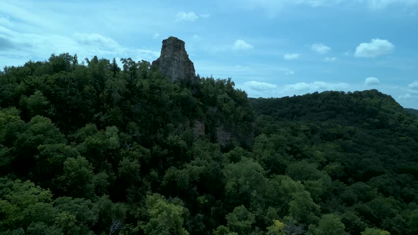 Drone aerial fly around of Sugar Loaf Bluff in Winona, Minnesota