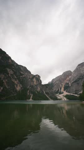 Vertical View Of The Pragser Wildsee Lake In The Prags Dolomites In South Tyrol, Italy. Sideways Shot