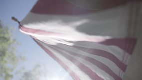 Detailed slow motion view and abstract background of the red, white, and blue American flag as it sways in the wind on a rural conservative porch on a warm, summer day in Lancaster, Ohio - Powered by Shutterstock - Get 15% off with code: PIKWIZARD15