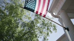 Detailed slow motion view and abstract background of the red, white, and blue American flag as it sways in the wind on a rural conservative porch on a warm, summer day in Lancaster, Ohio - Powered by Shutterstock - Get 15% off with code: PIKWIZARD15