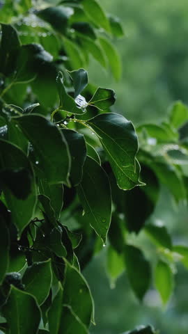 Heavy rain falling on tree leaves in the forest.