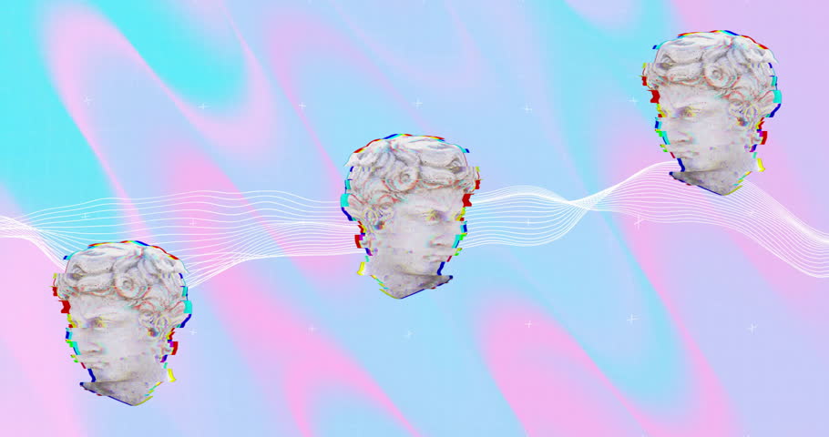 Animation of ancient sculpture heads moving over waving multi coloured background. Art, history, colour, pattern, shape and movement concept digitally generated video.