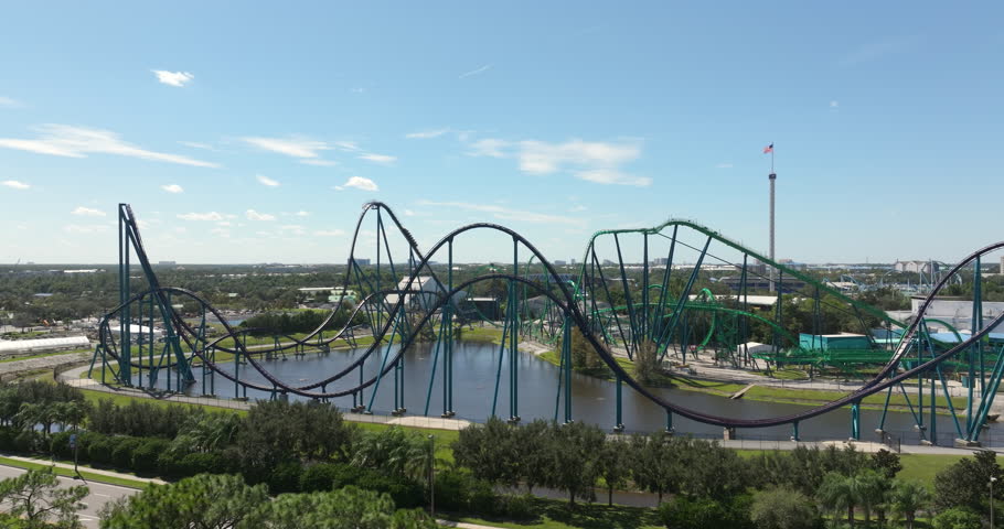 USA tourist attractions. Roller coaster in adventure amusement park in Orlando, Florida.