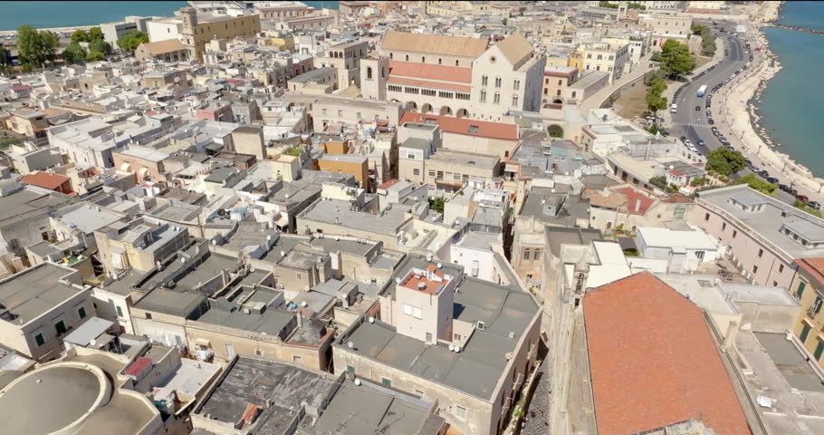 Aerial view of Bari Cathedral in Puglia, Italy. The Metropolitan Cathedral Basilica of Saint Sabinus is a Catholic church located in the historic center of the city, called Old Bari.