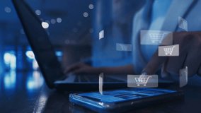 Online shopping, e-commerce and delivery service concept : Paper cartons with a shopping cart or trolley logo, user uses a laptop, depicts customers order things from retailer sites via the internet - Powered by Shutterstock - Get 15% off with code: PIKWIZARD15