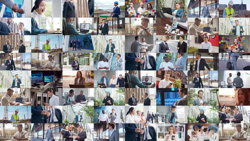 Multi screen business collage made of many different footages with business people working in office or outdoor. Technology, investment, money and teamwork concept.