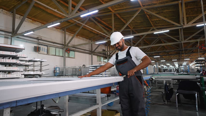 Indian manual worker assembling PVC windows and doors on production line