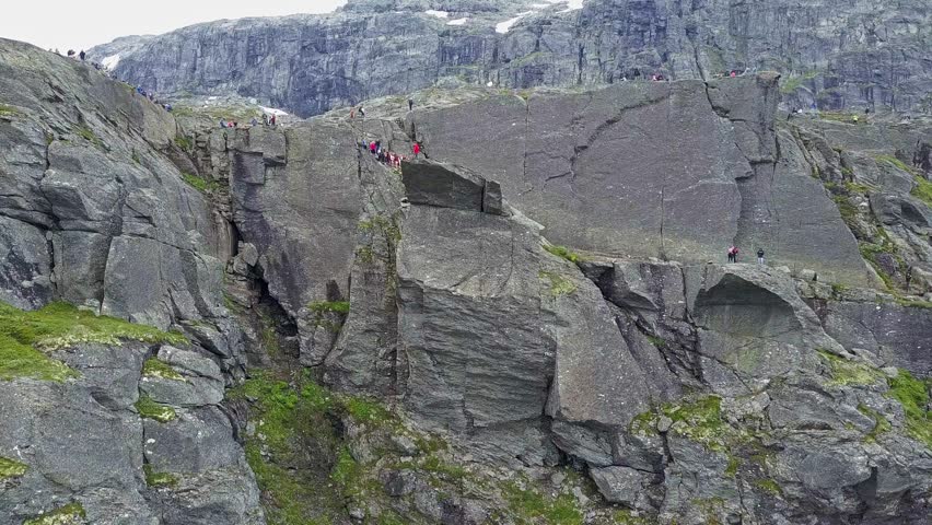 Trolltunga or Troll Tongue aerial view, a rock formation at the Hardangerfjord near Odda town in Hordaland, Norway