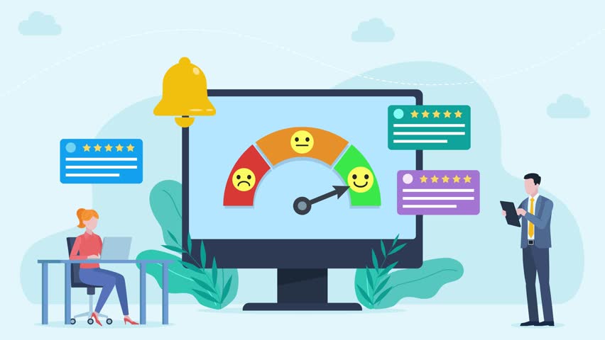 A customer satisfaction indicator appears on the monitor screen. When the indicator stops on the smiley face, comments start appearing around. Next to it, employees work on a laptop and tablet.