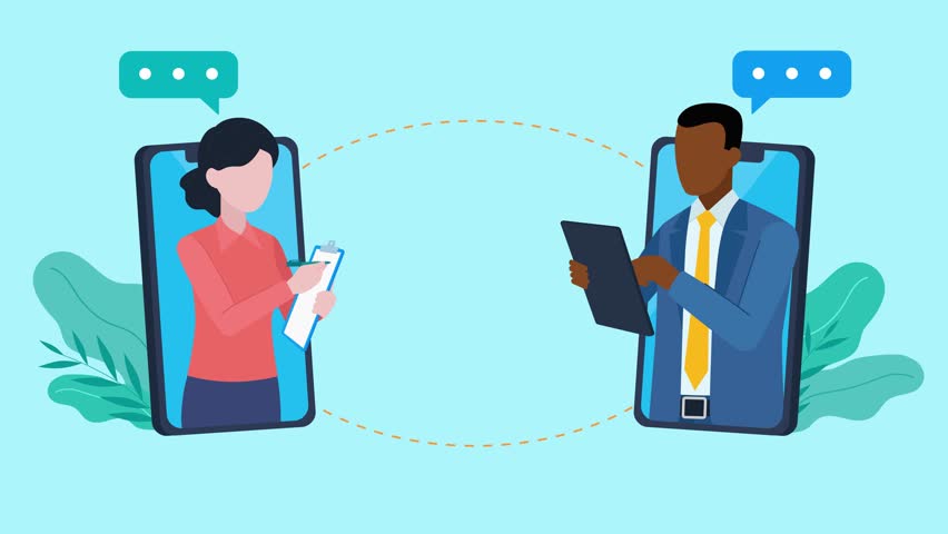 Animation of two employees talking on the phone. The employees appear on two mobile phones and send each other data files. Conversation bubbles appear by their heads. Flat design style.