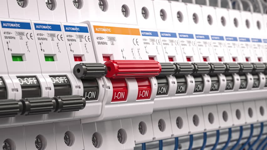 Electrical circuit breakers in fuse box. Electricity power switch on off. 3d animation. 3D Illustration