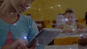 Animation of network of connections over caucasian schoolgirl using tablet. Global education, learning, connections and digital interface concept digitally generated video. - Powered by Shutterstock - Get 15% off with code: PIKWIZARD15