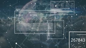 Animation of data processing and network of connections with globe over sky with clouds. Global technology, connections, computing and digital interface concept digitally generated video. - Powered by Shutterstock - Get 15% off with code: PIKWIZARD15