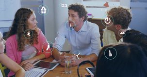 Animation of ecology icons over diverse colleagues at meeting in office. Business, technology and digital interface concept digitally generated video. - Powered by Shutterstock - Get 15% off with code: PIKWIZARD15