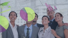 Animation of financial data processing over diverse colleagues looking up in office. Global business, finances, computing, communication and digital interface concept digitally generated video. - Powered by Shutterstock - Get 15% off with code: PIKWIZARD15