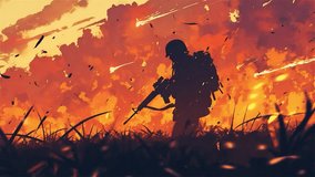 Silhouette of a Soldier in a Fierce Battle Filled with Explosions and Flames, Embodying Courage and Hope, Animated Background - Powered by Shutterstock - Get 15% off with code: PIKWIZARD15