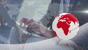 Animation of world map and globe over caucasian businessman using laptop. Global business, finances, connections and digital interface concept digitally generated video. - Powered by Shutterstock - Get 15% off with code: PIKWIZARD15