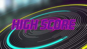 Animation of high score text over moving neon shapes. Social media and digital interface concept digitally generated video. - Powered by Shutterstock - Get 15% off with code: PIKWIZARD15