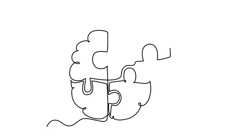 Self drawing animation of single line draw of human brain forming from piece of puzzles logo identity. Head anatomy and smart psychological people concept. Continuous line draw. Full length animated