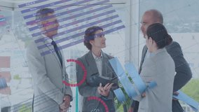 Animation of financial data processing over diverse colleagues discussing work in office. Global business, finances, computing and digital interface concept digitally generated video. - Powered by Shutterstock - Get 15% off with code: PIKWIZARD15