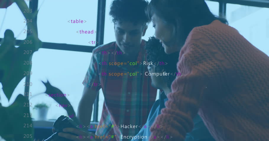 Animation of data processing over diverse colleagues talking in office. Global business and digital interface concept digitally generated video.