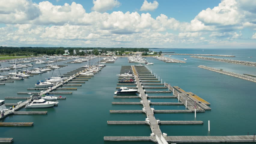 Aerial view of a marina with yachts and boats docked. Lake Michigan, Illinois