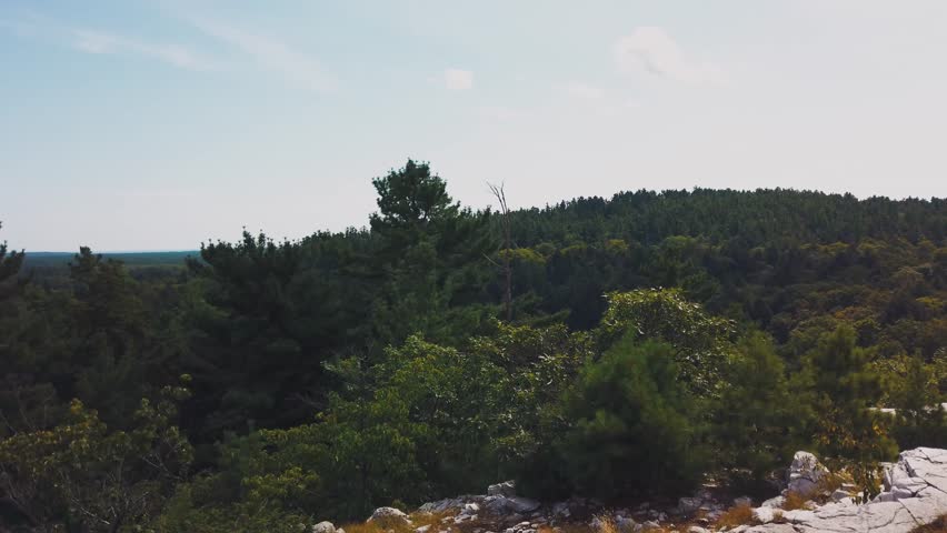 Top panoramic view of white cliffs, mountains and forest on The Crack Trail, Killarney, Sudbery, Ontario, Canada.