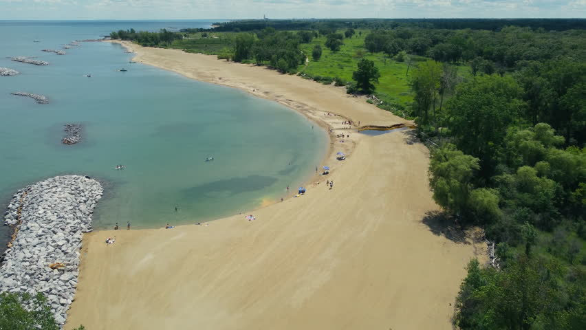 Aerial view of a sandy beach and calm waters. Lake Michigan, Illinois, Beach