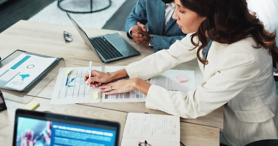 Laptop screen, teamwork and business people with documents, progress and brainstorming for refugee agency. Computer, lawyers and papers for asylum seekers, application for citizen status and research