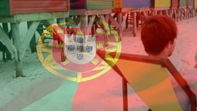 Animation of flag of portugal over caucasian family on beach. Global lifestyle, family and patriotism concept digitally generated video. - Powered by Shutterstock - Get 15% off with code: PIKWIZARD15