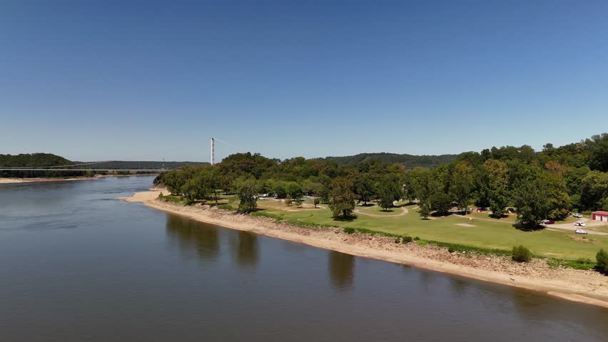 Aerial view of approaching city public park of the Grand Tower city in Illinois on the banks of Mississippi river